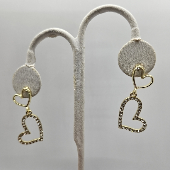 Double Heart Rhinestone Drop Earring Gold Tone S925 Post - Picture 8 of 14